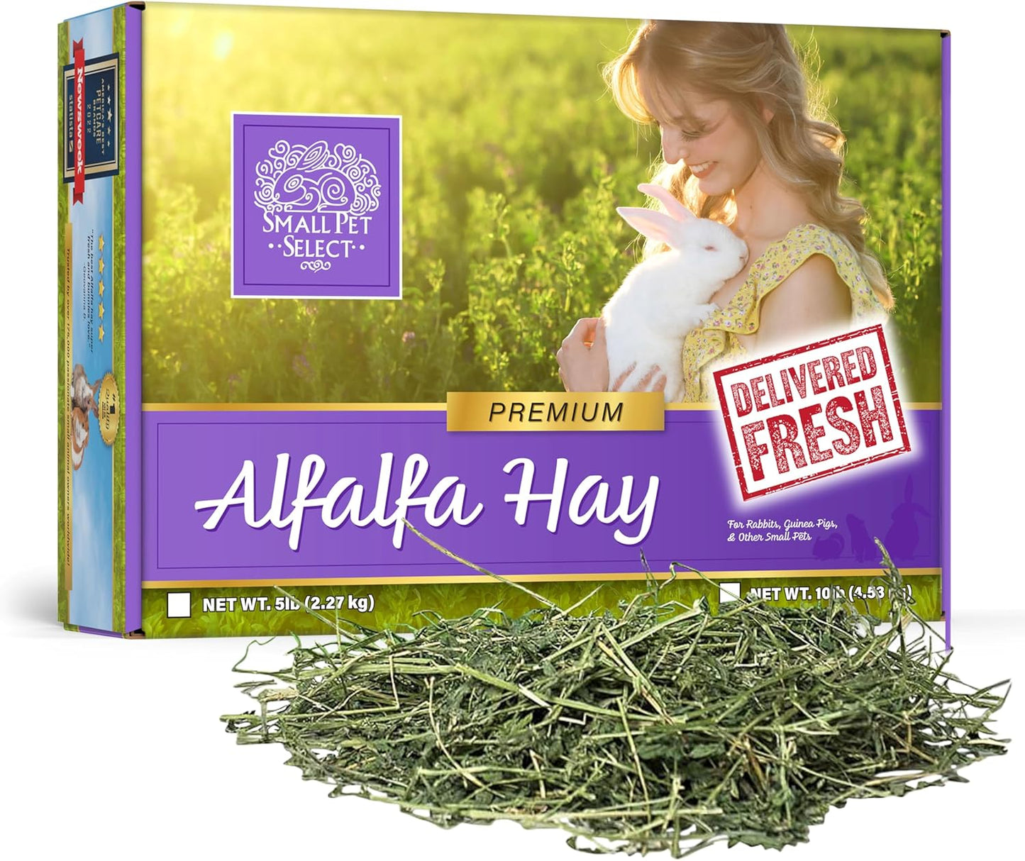 Alfalfa Hay Pet Food for Young Rabbits, Guinea Pigs, Chinchillas, Tortoises and Other Small Animals, Easy to Store Box, 5 LB