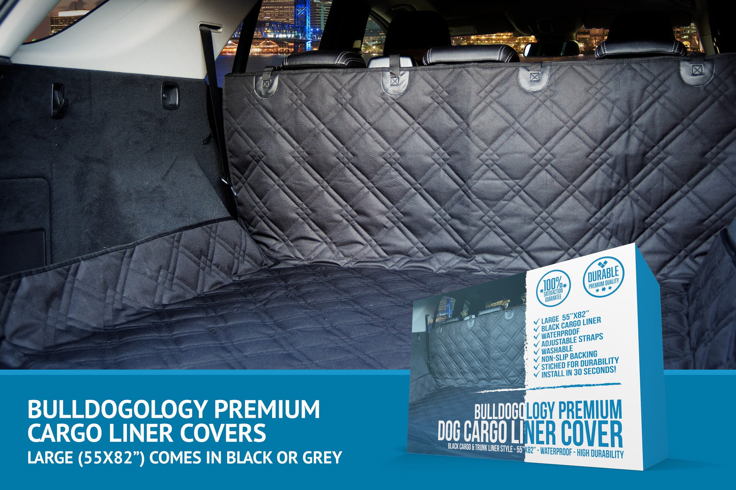 Bulldogology SUV Cargo Liner for Dogs - Heavy Duty Pet Trunk Cargo Cover - Dog Car Seat Cover Waterproof Nonslip - Dog Hair, Muddy Paws, Scratches Protector for Cars (Large, 55X82")