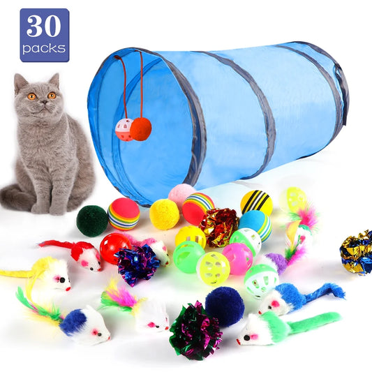 Interactive Cat Kitten Toys Assortments, 2 Way Tunnel, Cat Ball Toys Assortments,Rainbow Ball, Crinkle Ball, Sparkle Ball, Bell Balls,Cat Feather Toys,Cat Mice Toys for Indoor Cats-30 Packs